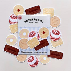 May include: A collection of British biscuit stickers, including Bourbon, Rich Tea, and Custard Cream designs. The stickers are scattered around a central pack that reads "British Biscuits Sticker Pack". The stickers are in various shapes and colors.