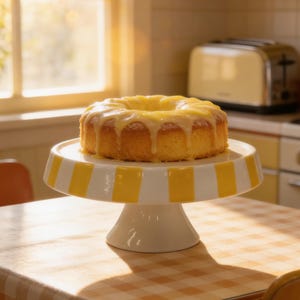 Support à gâteau en céramique à rayures rétro, piédestal à dessert moderne milieu de siècle, décoration de cuisine jaune orange