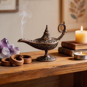 May include: A bronze-colored genie lamp with intricate floral patterns, emitting a wisp of smoke. The lamp sits on a wooden surface with a lit candle, books, and decorative items. Framed botanical prints hang in the background.