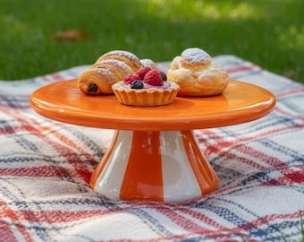 Small Striped Ceramic Cake Stand – 7" Orange or Yellow Dessert Pedestal