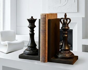 Black Chess Bookends Set – Decorative Polystone King & Queen Book Ends