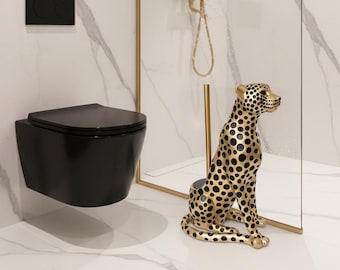 Soporte para escobilla de baño con estampado de leopardo dorado: accesorio de baño con temática de safari exótico.