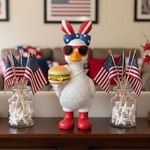 愛国的なアメリカンダックの置物 – ハンバーガーとサングラス付き、手描き樹脂製コレクターズアイテム