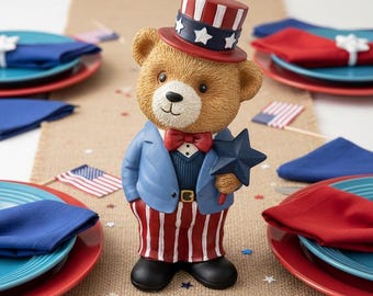 Patriotisk nallebjörnsfigur – Uncle Sam-outfit, handmålad resinstaty