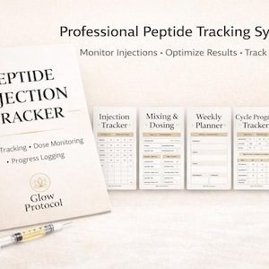 May include: A professional peptide tracking system with a book titled "Peptide Injection Tracker" and several tracking sheets. Includes a vial, syringe, and the text "Instant Download". The system helps monitor injections, optimize results, and track progress.