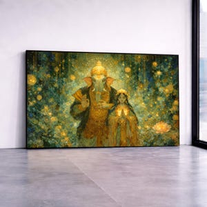 Divine Ganesha and Devotee Canvas, Spiritual Hindu Art, Golden Glow Wall Decoration, Serene Meditation Canvas, Sacred Canvas Print Art