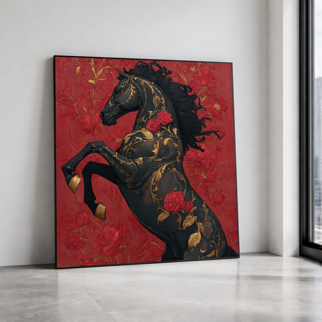 Majestic Black Horse Canvas Art, Gold Floral Red Rose Wall Decor Print ...