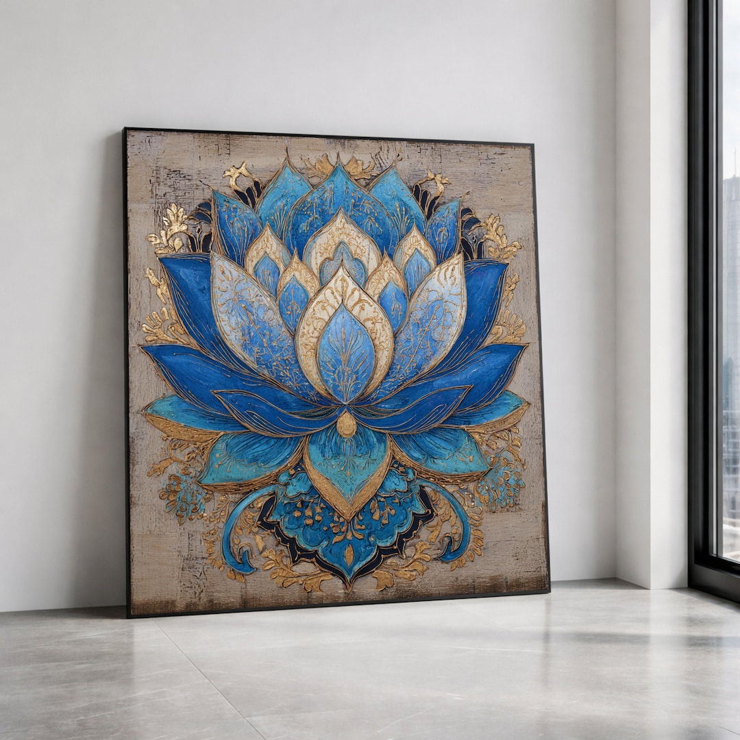 Blue Lotus Flower Canvas Wall Art, Floral Mandala Design, Elegant ...