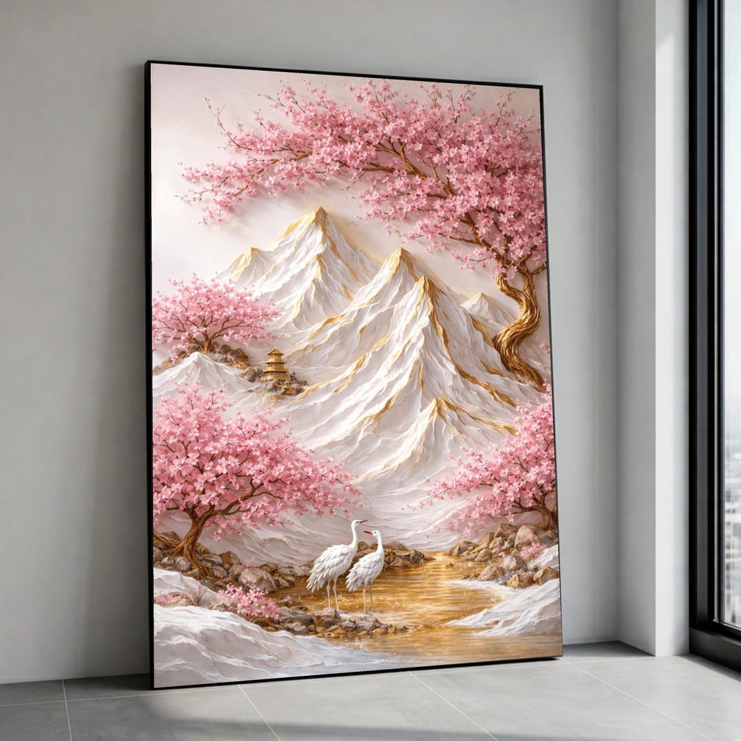 Tranquil Cherry Blossom Mountains Canvas, Asian Landscape Wall Art ...