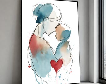 Tender Mother and Child Embrace, Abstract Watercolor Canvas, Heartfelt Family Love Wall Art, Modern Line Art Painting, Canvas Print Art
