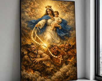 May include: A framed religious artwork depicting a woman in a white and blue robe holding a child, with a golden crown and halo. A rosary extends towards demonic figures below. The artwork is set against a backdrop of clouds and angels.