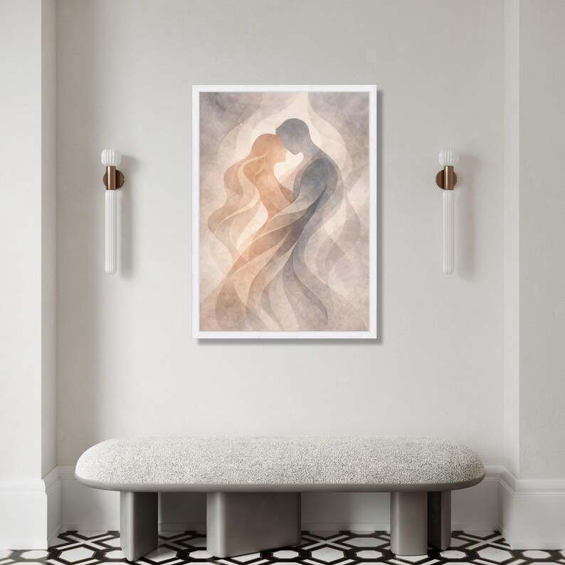 Romantic Silhouette Couple Canvas, Abstract Love Art, Intimate Embrace Wall Decor, Modern Relationship Painting, Soft Canvas Print Art image 2