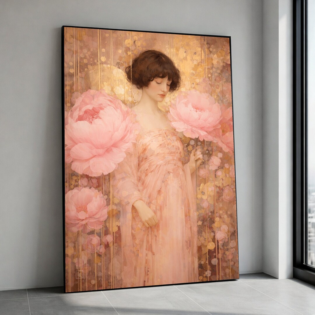 Elegant Woman With Pink Peonies Canvas, Romantic Floral Portrait Wall ...