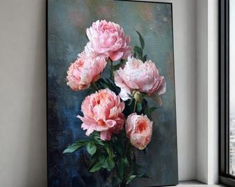 Elegant Pink Peonies Bouquet Canvas Wall Art, Floral Painting Print, Style Home Decor, Botanical Canvas Decoration Canvas Print Art