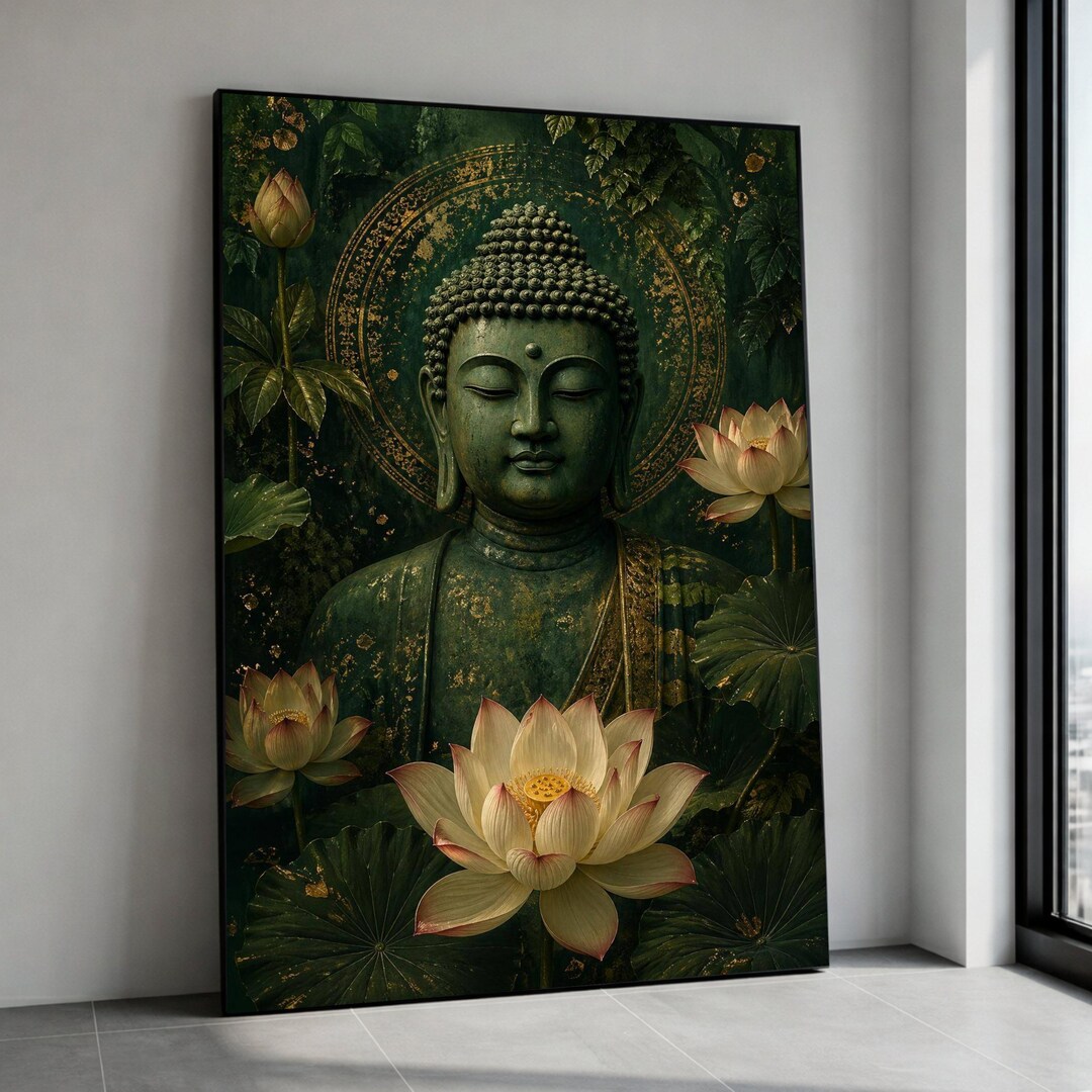 Serene Buddha Head Canvas, Lotus Flower Wall Art, Spiritual Meditation ...