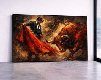 Dramatic Bullfight Scene Canvas, Matador and Red Cape Artwork, Abstract Spanish Bullfighting Wall Art, Bold Home Decor Canvas Print Art