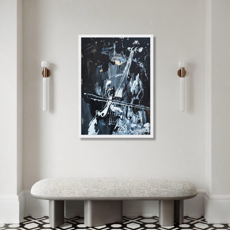Abstract Violin Canvas Wall Art, Black and White Musical Instrument Painting, Modern Music Decor, Artistic String Canvas Print Art image 2