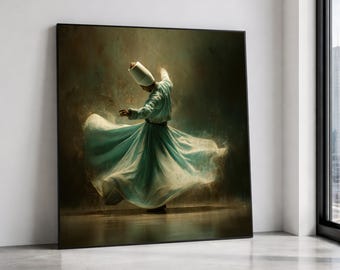 Lienzo de danza derviche giratoria, arte espiritual sufí, arte mural de movimiento místico, decoración étnica y cultural para el hogar, impresión artística de danza meditativa.
