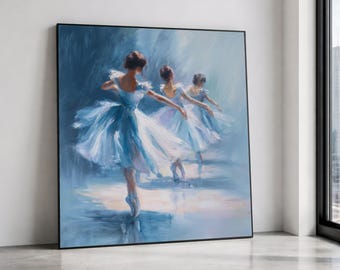 Ballet Dancers Impressionist Canvas Print, Blue Tutu Wall Art, Dance Performance Decor