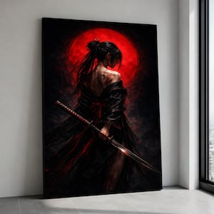 May include: A canvas print featuring a digital painting of a woman in a black kimono holding a katana. The artwork has a red moon in the background, with a dark and dramatic color palette. The woman's back is turned, and her hair is tied up.