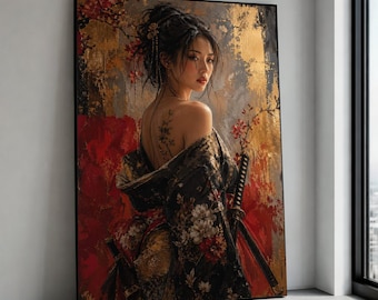 Elegant Geisha Woman Canvas, Floral Kimono Wall Art, Japanese Sword Portrait, Asian Beauty Canvas, Oriental Home Decoration Canvas Print Art