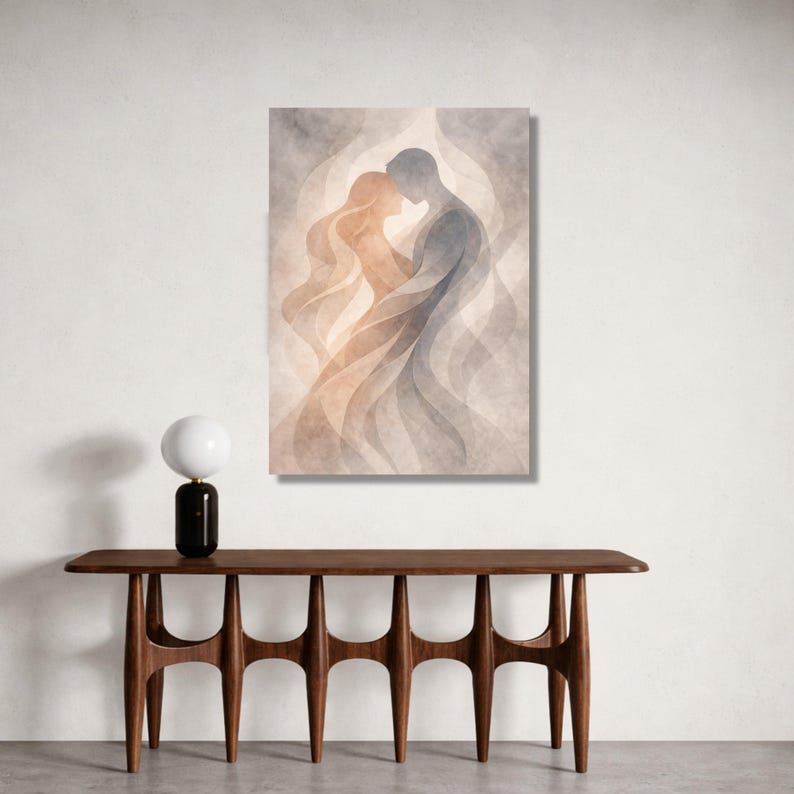 Romantic Silhouette Couple Canvas, Abstract Love Art, Intimate Embrace Wall Decor, Modern Relationship Painting, Soft Canvas Print Art image 3