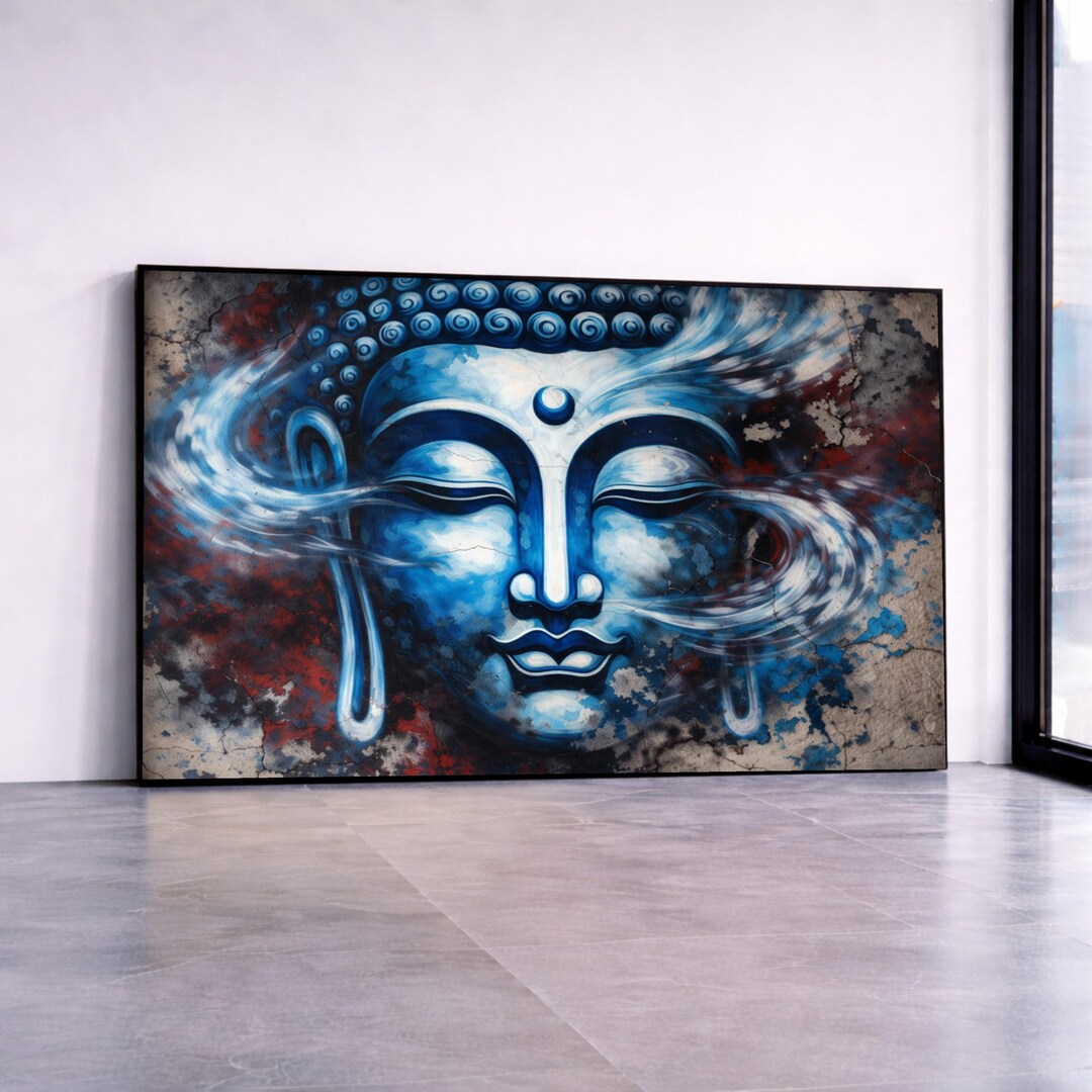 Tranquil Blue Buddha Face Canvas, Spiritual Wall Art, Meditation Decor ...