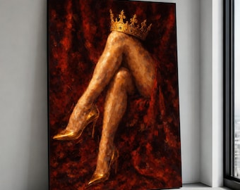 Königliche Eleganz, Goldene High Heels Leinwand, gekrönte Beine Wandkunst, Luxus Mode Dekor, sinnliche moderne Malerei, Glamour Leinwand Druck Kunst
