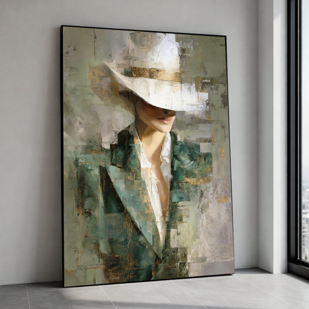 Elegant Woman in White Hat Canvas, Abstract Portrait Wall Art, Modern ...