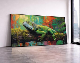 May include: A large rectangular canvas print depicting a green iguana on a moss-covered branch. The painting has a colourful background with orange, yellow, and green brushstrokes. The artwork is displayed in a modern room with a large window.