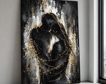Abstract Couple Embrace Canvas, Romantic Wall Art, Black and Gold Love Painting, Intimate Silhouette Canvas, Modern Home Canvas Print Art