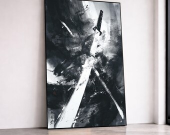 Abstract Samurai Sword Canvas, Black and White Ink Brush Art, Japanese Katana Wall Art, Bold Minimalist Canvas, Modern Canvas Print Art
