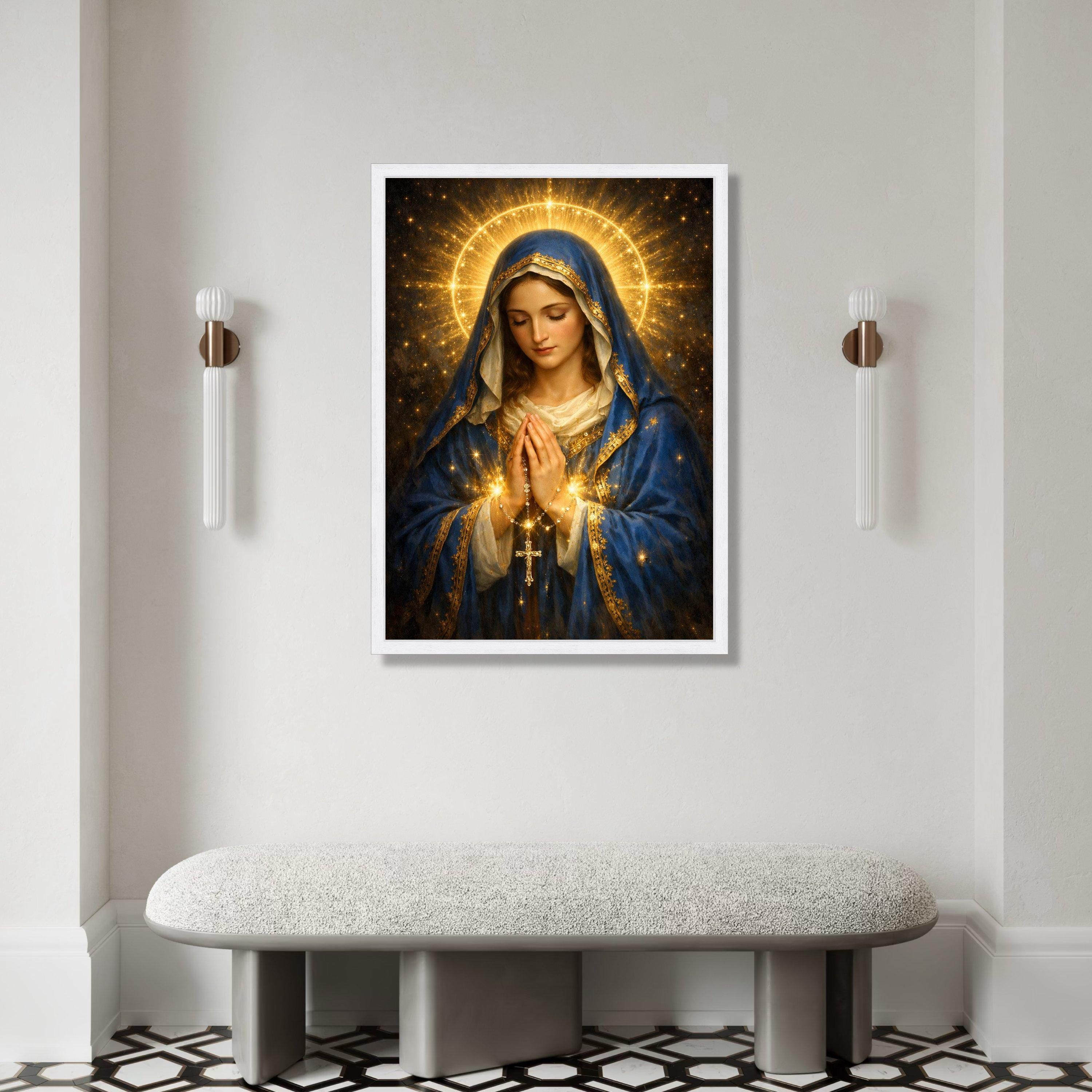 Virgin Mary Praying, Religious Canvas Wall Art, Blue Cloak With Gold ...