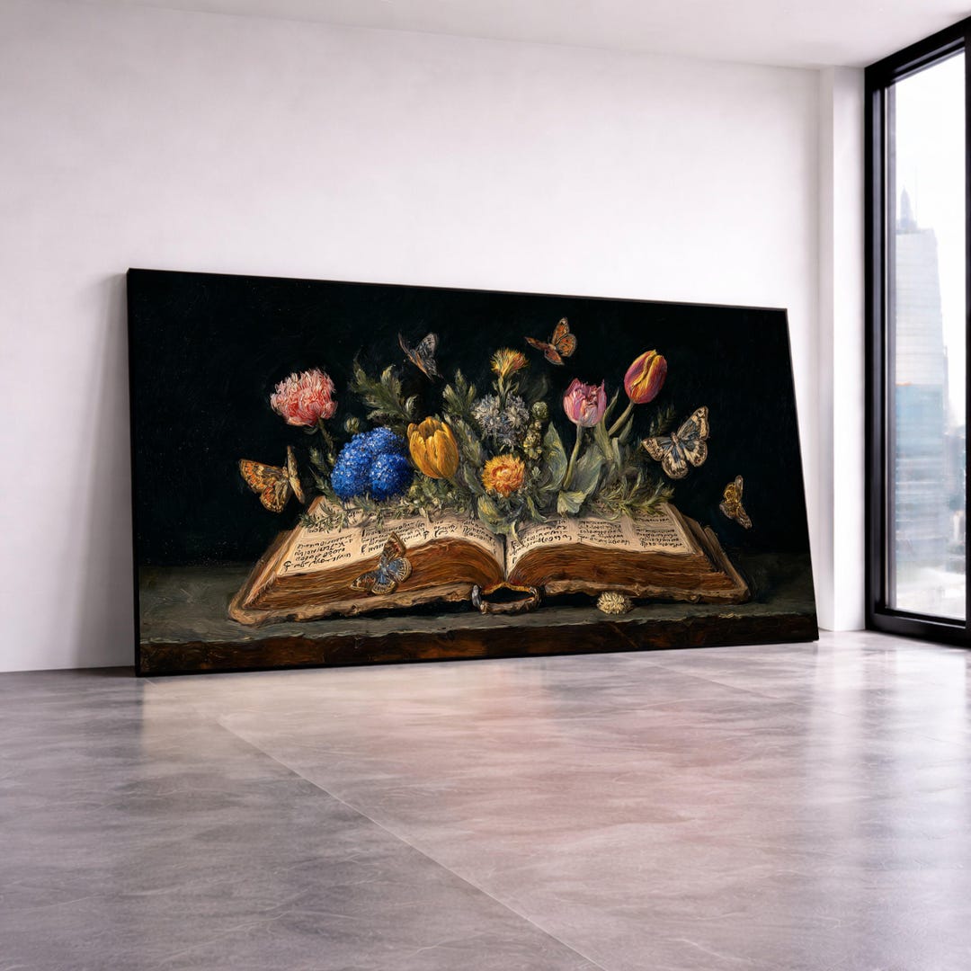 Vintage Open Book With Colorful Flowers and Butterflies Canvas, Floral ...