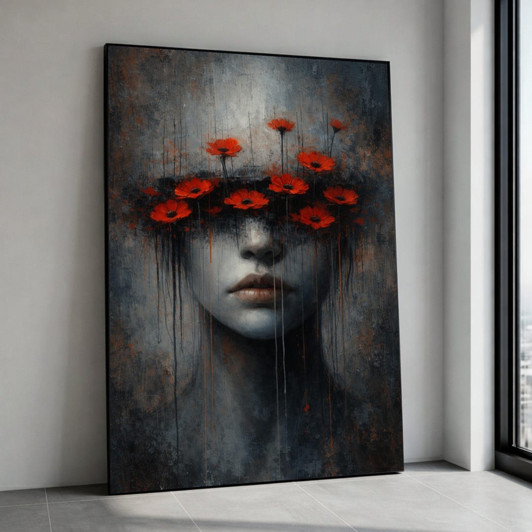 Abstract Woman Portrait With Red Flowers Canvas, Surreal Floral Face ...
