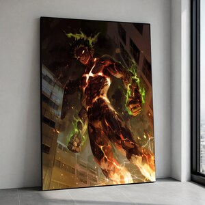 Fiery Hero Power, Explosive Anime Canvas, Dynamic Character Wall Art, Intense Urban Battle Scene, Vibrant Action Canvas Canvas Print Art