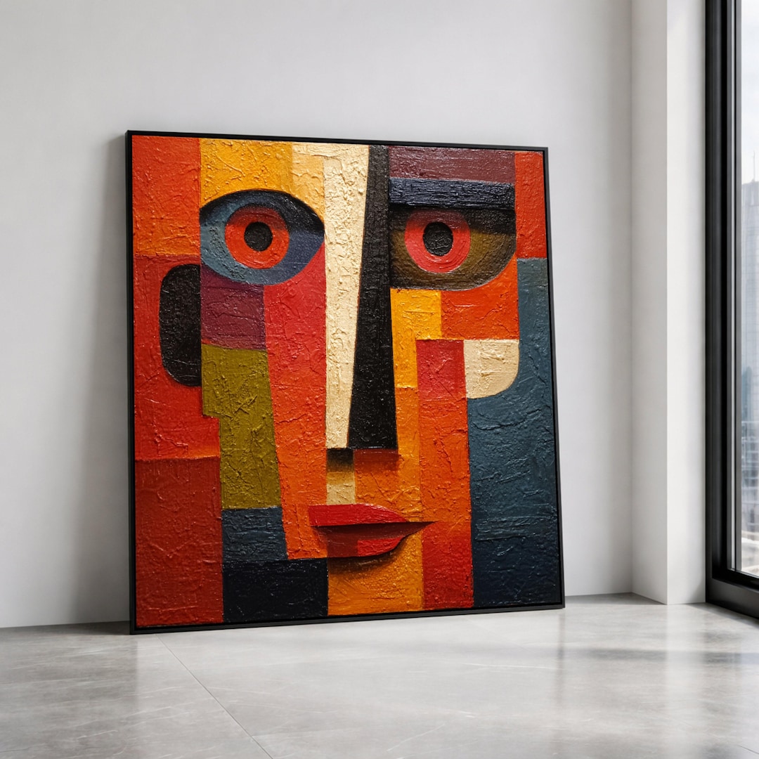Abstract Geometric Face Canvas, Modern Cubist Wall Art, Colorful ...