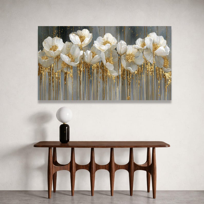 Elegant White Flowers Canvas Wall Art, Gold Accent Floral Painting ...