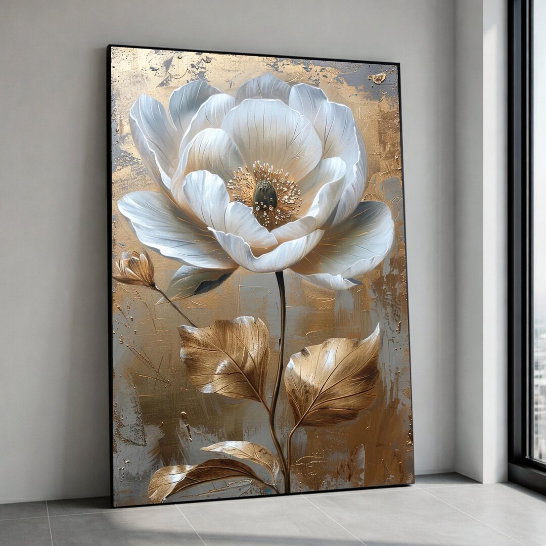 Elegant White and Gold Flower Canvas, Luxury Floral Wall Art, Botanical ...