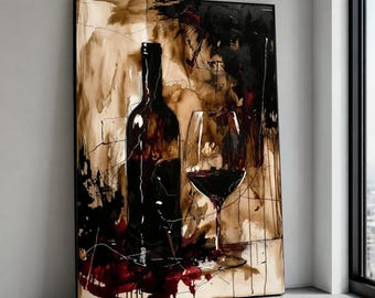 Abstract Wine Bottle Glass Canvas, Modern Wine Art Print, Rustic Bar Decor