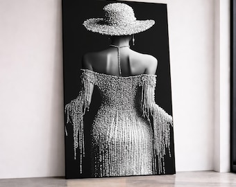 Elegant Woman in Pearl Embellished Dress and Hat, Black and White Fashion Canvas Wall Art, Glamorous Home Decor, Modern Canvas Print Art