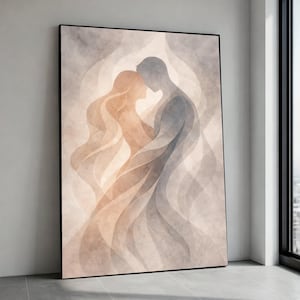 Romantic Silhouette Couple Canvas, Abstract Love Art, Intimate Embrace Wall Decor, Modern Relationship Painting, Soft Canvas Print Art image 1