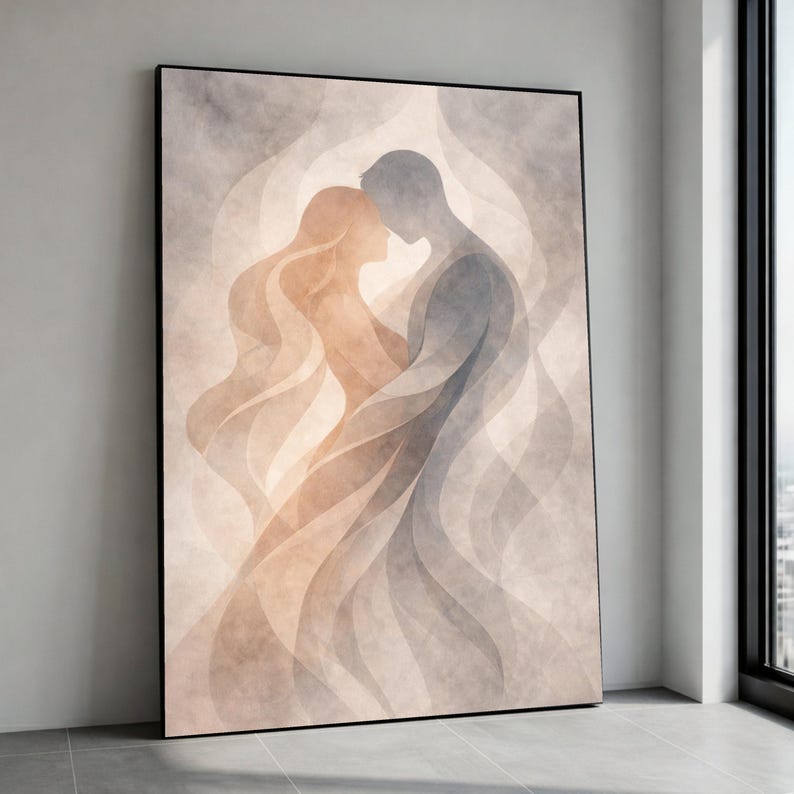Romantic Silhouette Couple Canvas, Abstract Love Art, Intimate Embrace Wall Decor, Modern Relationship Painting, Soft Canvas Print Art image 1