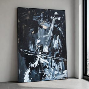 Abstract Violin Canvas Wall Art, Black and White Musical Instrument Painting, Modern Music Decor, Artistic String Canvas Print Art image 1