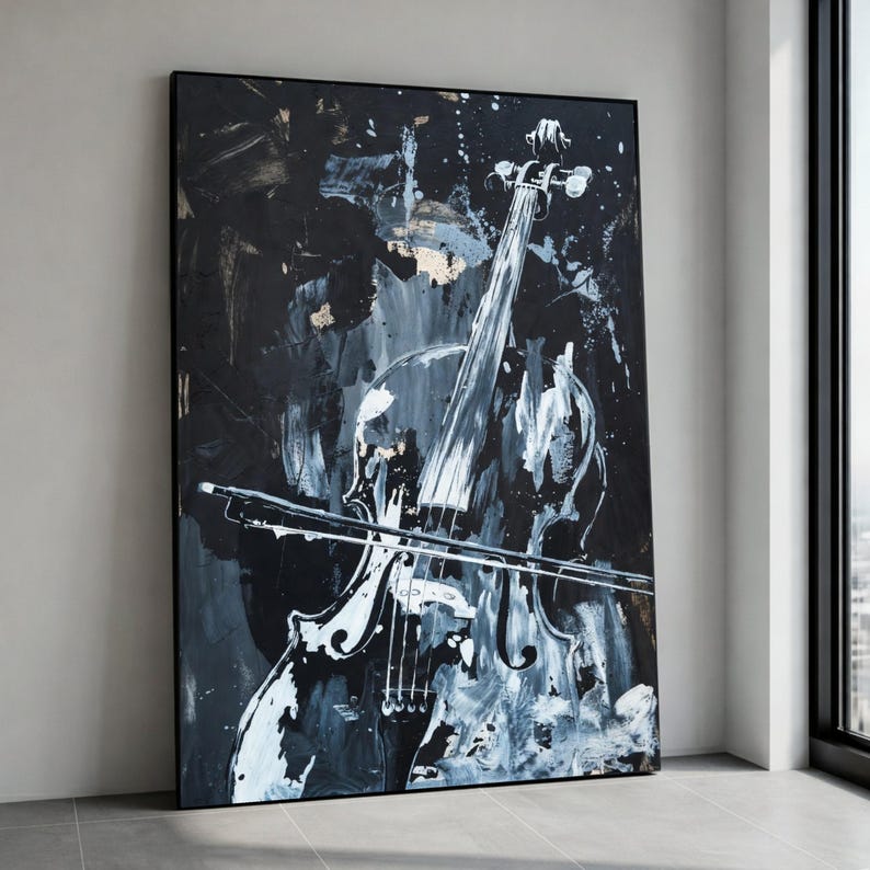 Abstract Violin Canvas Wall Art, Black and White Musical Instrument Painting, Modern Music Decor, Artistic String Canvas Print Art image 1