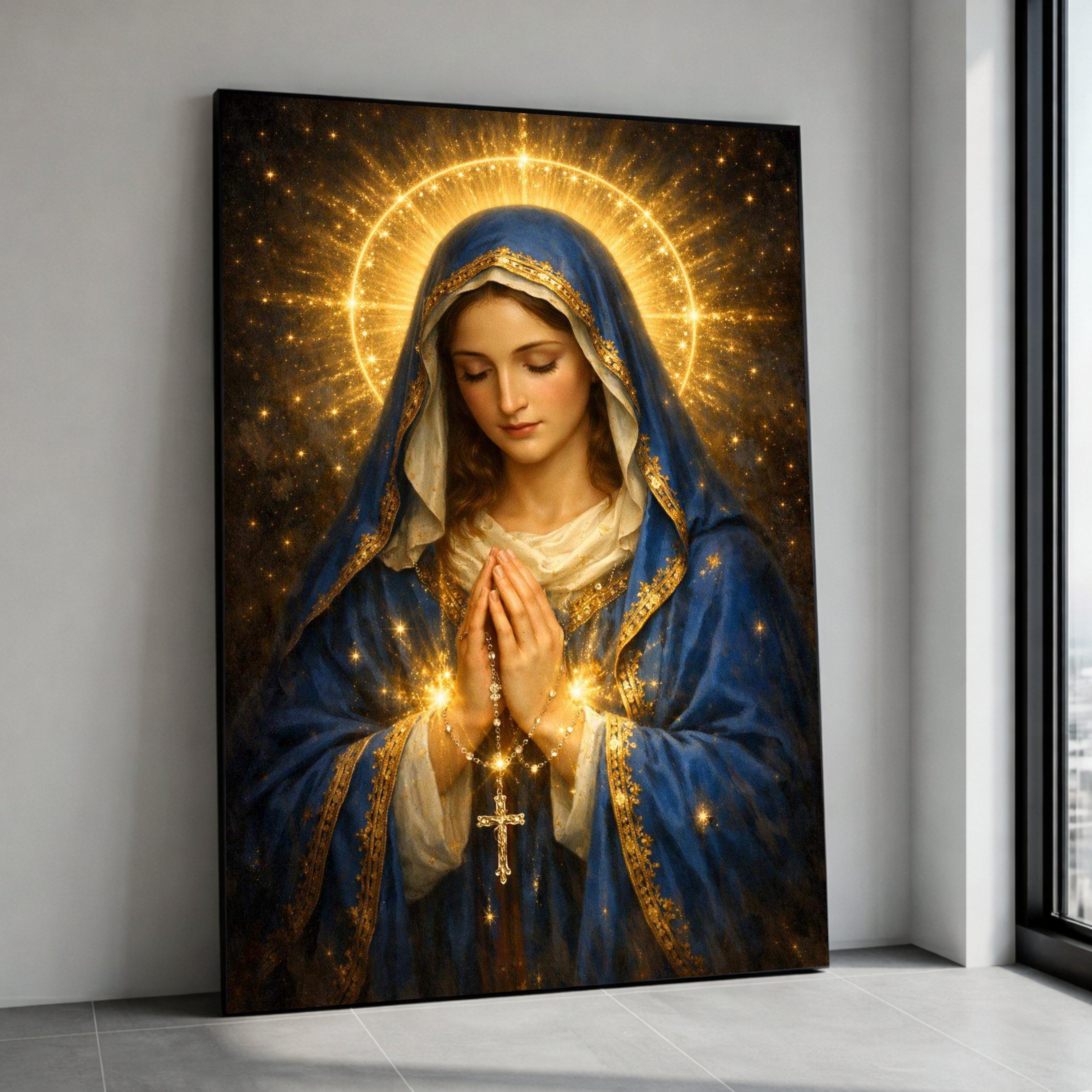Virgin Mary Praying, Religious Canvas Wall Art, Blue Cloak With Gold ...