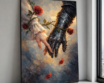 Romantic Contrast Canvas Wall Art, Knight and Lady Hands Holding, Roses and Armor Painting, Medieval Love Scene, Elegant Canvas Print Art