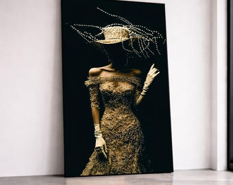 Elegant Pearl Embellished Dress Canvas, Glamorous Woman Fashion Art, Vintage Style Wall Decor, Luxury Couture Canvas, Home Canvas Print Art