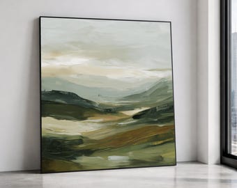 Abstract Landscape Canvas, Earth Tone Modern Nature Painting, Green Beige Home Decoration