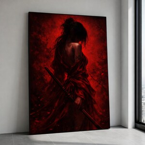 Puede incluir: Impresión en lienzo de gran tamaño que representa una figura con una túnica roja, sosteniendo una katana. La obra de arte tiene una estética oscura y dramática con una paleta de colores rojos y negros. La figura está silueteada sobre un fondo rojo texturizado.